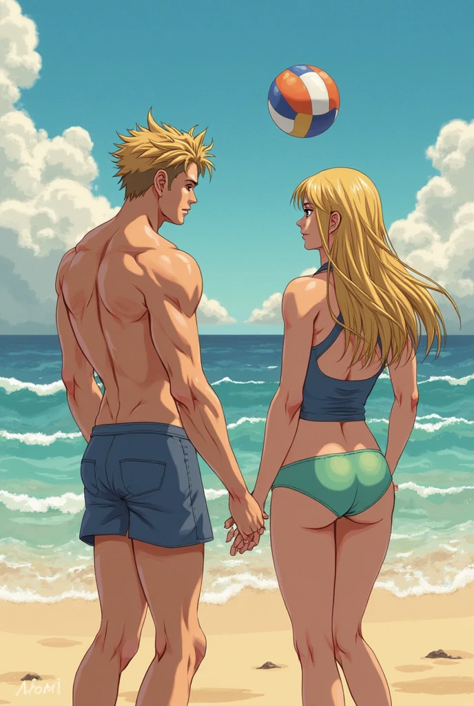 detailed anime style, young couple, (1 guy 1 girl), standing next to each other at the beach, (extreme height difference), (size difference); boyfriend: (tall), wide shoulders, younger, swim trunks, blonde hair, blue eyes, hot, cute, muscular; girlfriend: slim, bikini, (huge boobs), (((huge ass))), (short), hot, brunette,