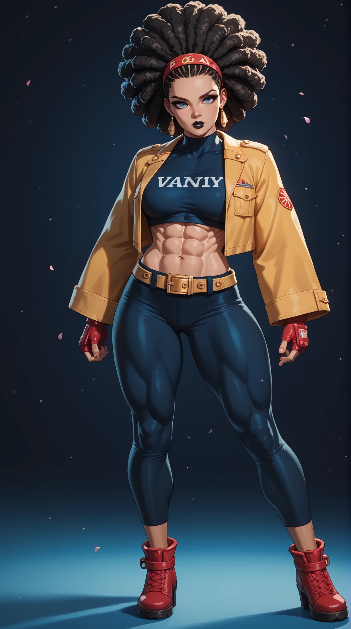 (1girl), extremely long hair, solo, ((muscular)), veins, black hair, yellow eyes, blushing, thick thighs, pale skin, strong, veins, abs, big thighs, huge breasts, navel, standing, angry, tight pants, tight shirt