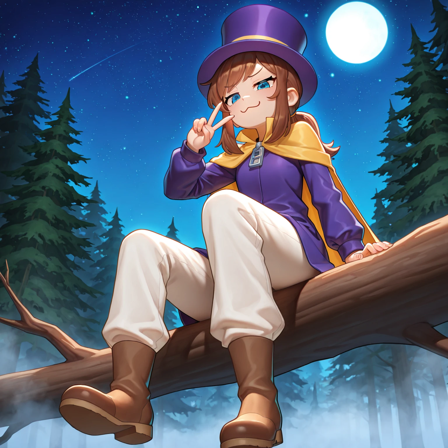 masterpiece,best quality,absurdres,highres,
1girl,solo,ccgirl,brown hair,sidelocks,short ponytail,blue eyes,
purple top hat,purple jacket,yellow cape,zipper pull tab,white pants,brown footwear,
from below,looking at viewer,smug,:3,hand up,v,arm support,sitting,on tree trunk,fingernails,
forest,night sky,moon,star \(sky\),fog,