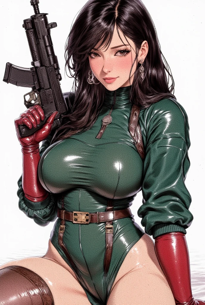A detailed Full Waist Portrait of a woman with dark hair in red latex posing for a picture, on a white background, in the color art style of armando huerta, Beautiful, ((Detailed Eyes:1.1)), (detailed face), (perfect breasts:1.1), perfect body, modelshoot style, photorealistic, sharp focus, dramatic lighting, high contrast, 8k, high resolution, high quality, Fujifilm XT3, award winning, masterpiece