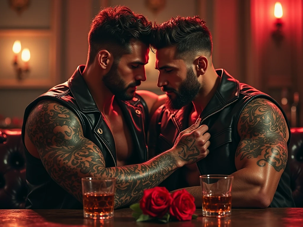 A cute handsome gay man sitting on his millionaire boyfriend's knee kissing in a cowboy bar with his shirt off and his boyfriend wearing a black hat and black clothes with a cigarette in his hand while the young man has drinks in his hand