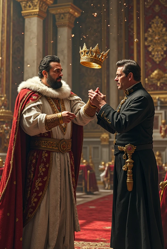 King on throne speaking in the ears of middle guard Persia