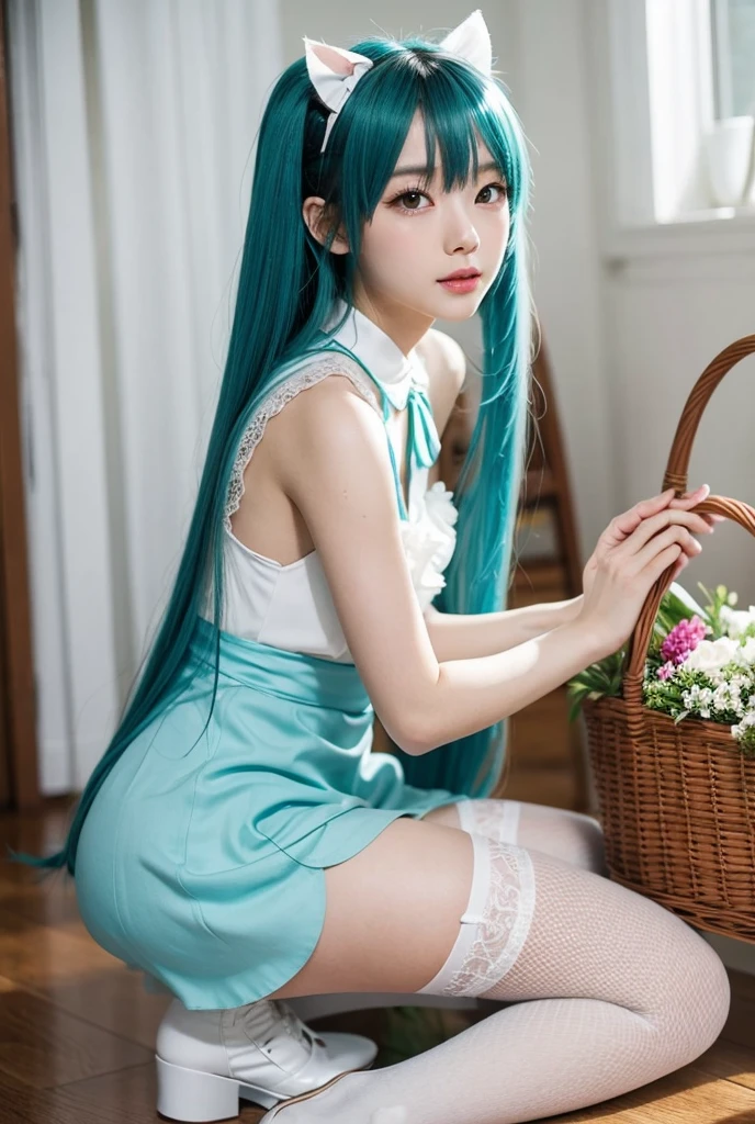 One girl, hatsune miku, Princess Costumes, Crown, Money, ((Throne)), Inside the castle, middle ages, Wearing a blue vest, Put one foot on the ground, The calf of the other leg is facing outward, hold the microphone with one hand, Put your other hand over your eye, White Background