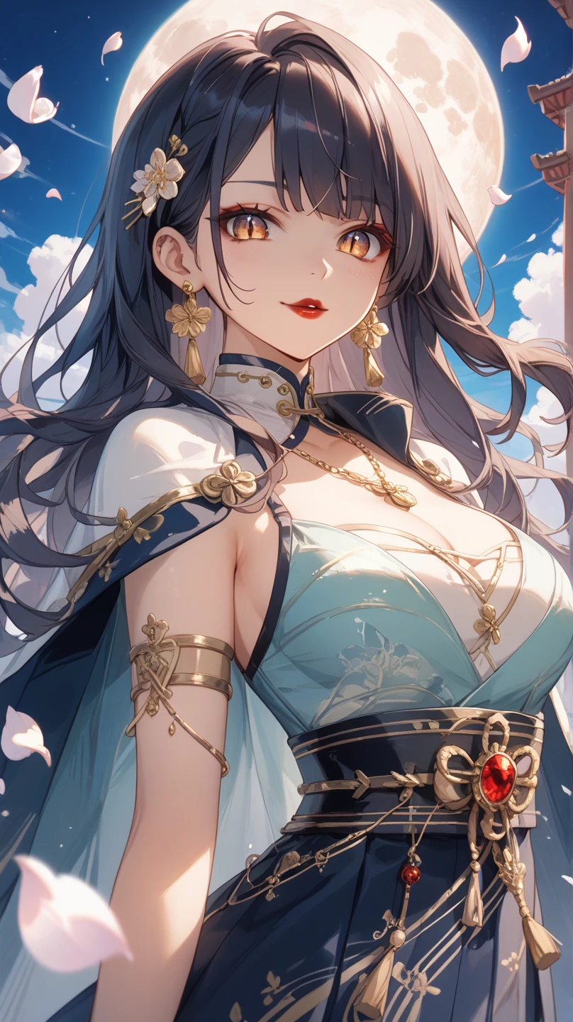 goddess outfit、angel ring on head、smil、mystical sky、large full breasts、facing front、