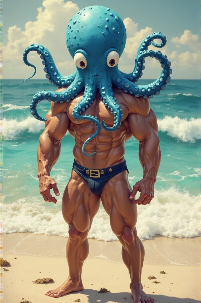 (10 huge and stout octopus tentacles stretched out behind the man:1),A muscular young male stands in the spotlight,Octopus tentacles on the body,milk splashes,bareness,Clear briefs,transparent panty,bare-legged,Seductive smiles