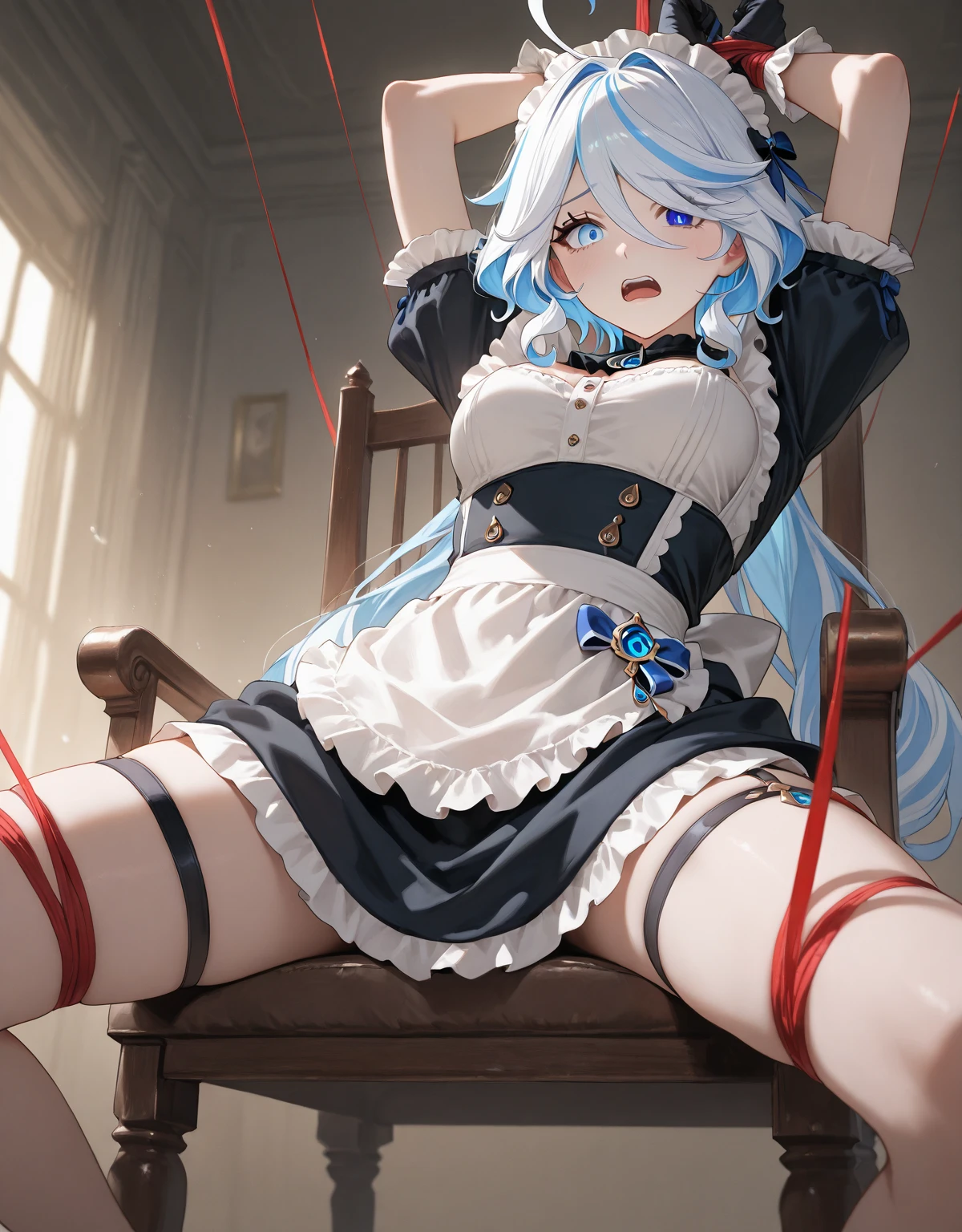 Slightly happy, Short hair, (((white hair))), ((white hair with ((blue tips)))), blue dye, (((((green eyes))))), ((small breasts)), arms behind back, (((white rope, rope, bondage, shibari))), basement, casual clothes, dark clothes, (((white thigh socks))), ((((black t-shirt, skirt)))), best quality, high-res, masterpiece, (((mature, woman))), (((fully clothed))), (((suspension, suspended, hanging)))