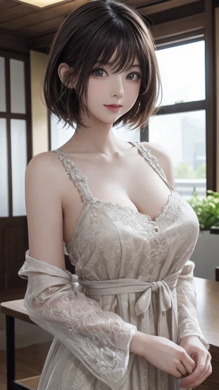 (a closeup:1.4)、(RAW Photography:1.2)、(Photorealsitic:1.4)、(masterpiece:1.3)、(top-quality:1.4)、one girls、(Slender and beautiful girl)、(FULL BODYSHOT)、独奏、cute little、(buttoned shirt、open-shirt:1.2)、see -through、no-bra、Beautiful collarbone、(large full breasts:1.2)、beauty breast、(cleavage of the breast)、(erectile nipple:1.2)、(Fluffy breasts)、(Short Bob:1.2)、(Lace pantie)、Look at viewers、Light smile、makeup、obscenity、erotick、