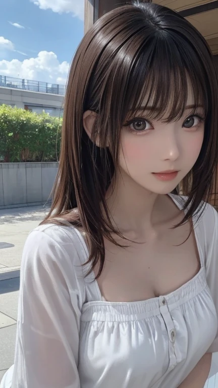 Highest quality、masterpiece、Tabletop、RAW Photos、Film Grain、High resolution、Very detailed、break、One Woman、、Cute Face、Brown Hair、Straight hair、Semi-long hair、White camisole、Light blueＴshirt、Small breasts、break、Outdoor、Summer Park、erupt