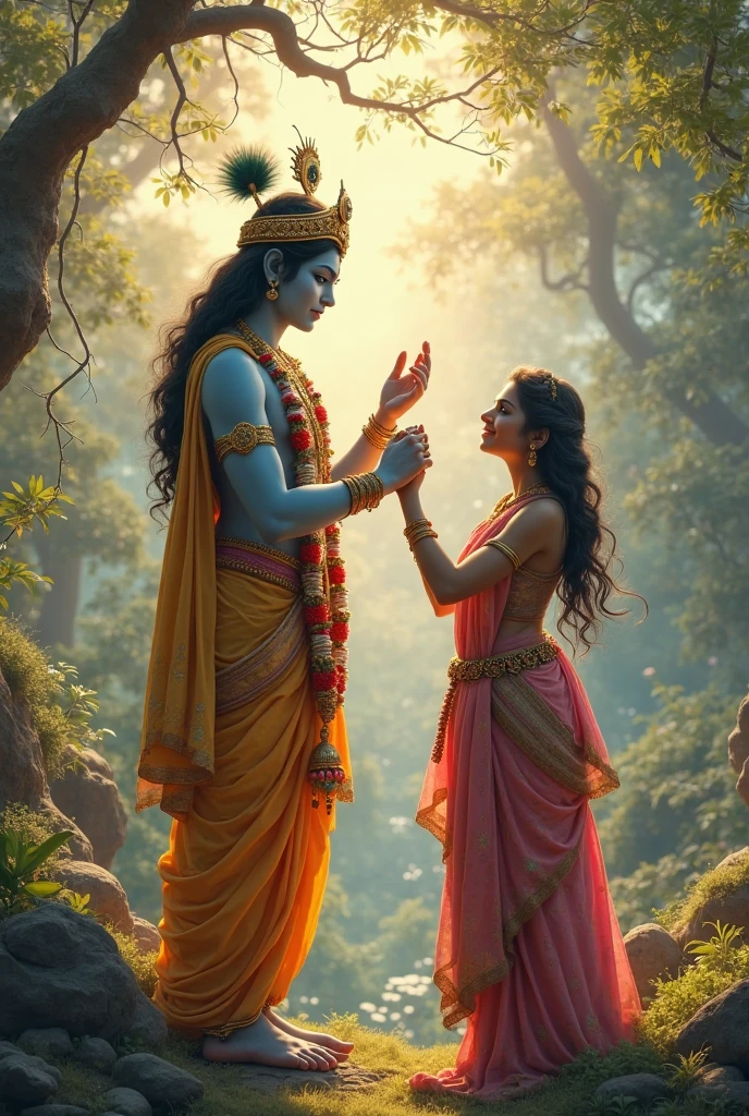 A women devotee touching the feet of lord krishna