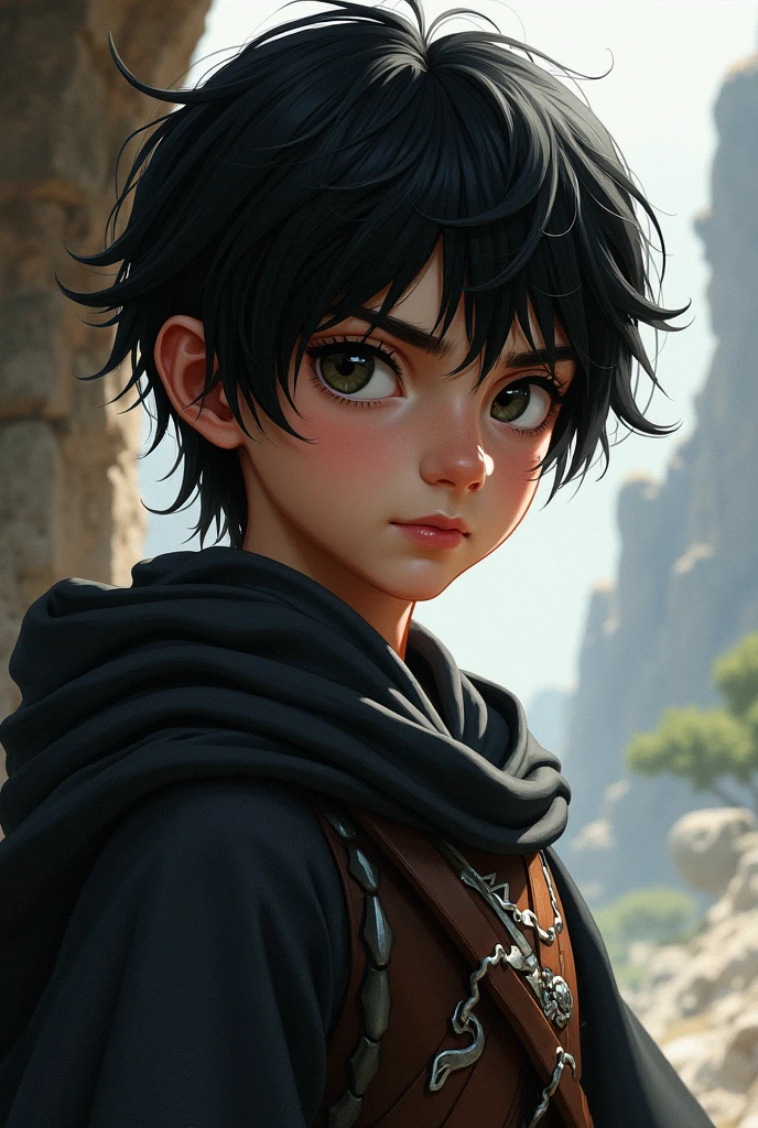 a male child, with black hair and violet eyes, dressed in medieval era clothing.