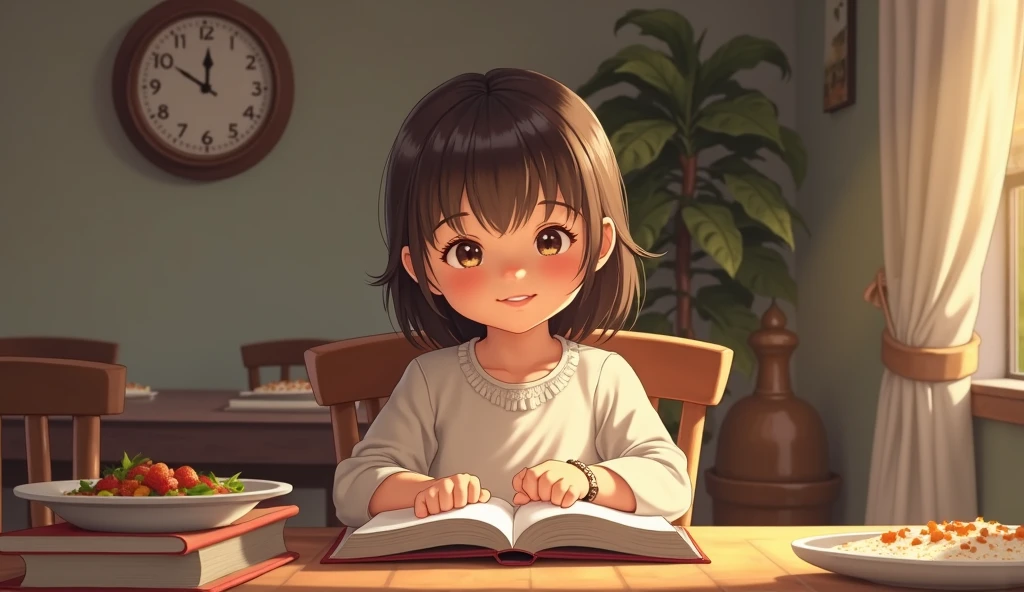 I want you to create a 6 smiling sitting down,, Brunetette , brown curly hair to shoulder ,eyes browns,with book in hands wearing school clothes