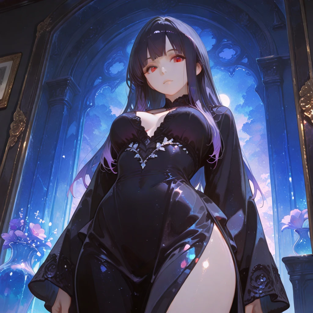 obra de arte, Melhor qualidade, 1 Goth girl, courtyard, flores, Vinhedo, Duende, vestido longo de preto e branco, coxas, Sorriso, apoiando-se no objeto, extremamente sexy 