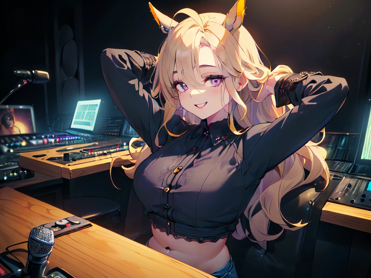 (Solo, Alone, Little Sister Attribute, Clothes that hide breasts, Short, Short arms, Smooth skin, Cute face, Purple eyes, Horse ears, No ears, Blonde, Super long wavy hair, Ahoge, Belly button exposed, Black clothes, Black long sleeve outerwear with lace collar, Denim shorts, Eyeshadow makeup, Cheek makeup, Bright smile, Happy expression, Sitting in chair, Speaking into microphone placed on table, Arms behind head, Radio recording studio, Dark background, 2DCG animation, Anatomically detailed, Masterpiece, Highest rating, 16K, Upper body only: 1.5)