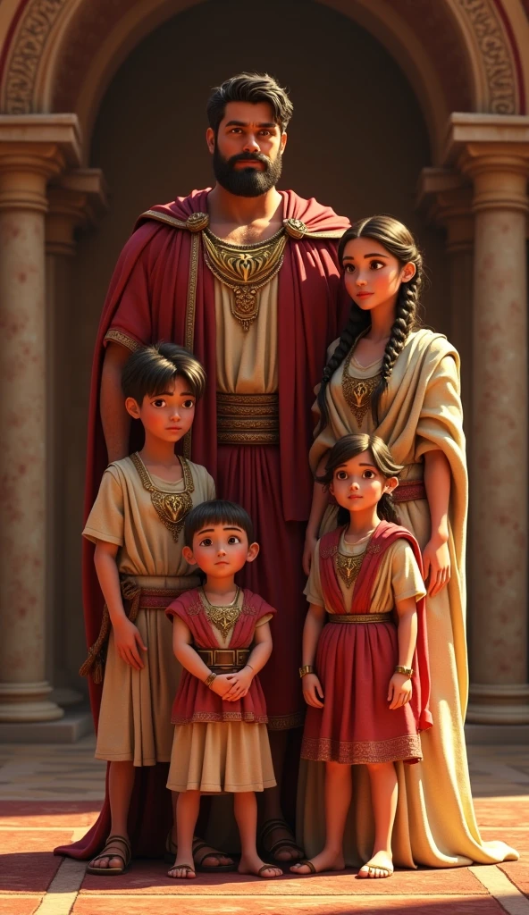 In the image, we can see in a super realistic way an ancient scenario, going back to the time of Moses. 3 boys and 2 girls together with their mother, approximately 6 years old, are in the center of the scene, wearing a bright red. He is depicted standing with his hands on his hips and a curious, determined look on his youthful face. (cinematic) (in 4k)