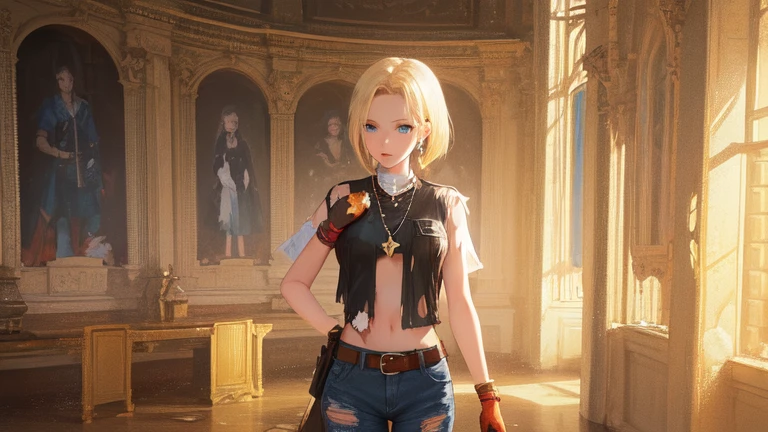 a close up of a woman in a black dress with a chain around her waist, android 18, annie leonhart, 8k high quality detailed art, looking like annie leonhart, trending on cgstation, range murata and artgerm, artstation masterpiece, trending on artstation.', female protagonist 👀 :8, highly detailed exquisite fanart