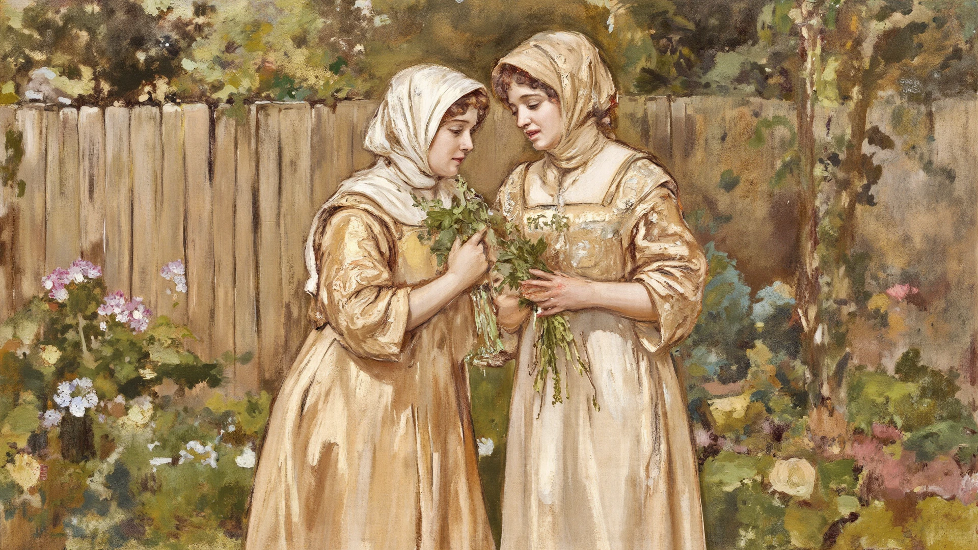 England, 1337. A young ((((20-year-old)) Caris Wooler)), attractive, expressive eyes, on a walk with a friend. ((((clothings from the 1300s, gown)))), ((light chestnut hairstyle of the 1300s))