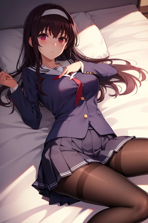 ((taken from the down)), suzunehorikita, suzune horikita, sit on bed, black hair, braid, long hair, (purple eyes:1.1), BREAK advanced nurturing high school uniform, black thighhighs, blazer, bow, bowtie, buttons, jacket, long sleeves, pleated skirt, school uniform, weat, thin, thighhighs, white skirt, zettai ryouiki, (red blazer:1.5), (tilting your head:1.1),(with spreading legs:1.4),(Hands behind your back:1.3),(I can see panties:1.5), BREAK looking at viewer, full body, BREAK indoors, classroom, BREAK (masterpiece:1.2), best quality, high resolution, unity 8k wallpaper, (illustration:0.8), (beautiful detailed eyes:1.6), extremely detailed face, perfect lighting, extremely detailed CG, (perfect hands, perfect anatomy)