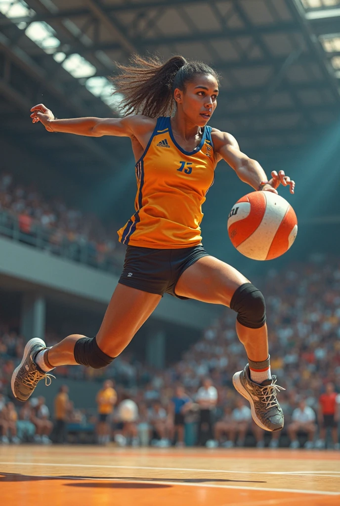 photo of a 18 year old girl,basketball player in a yellow shorts jumps in the air,holding a ball in her hand and shooting it towards the hoop,happy,laughing,looking at viewer,nice hands,perfect hands,basketball court,hoop,ray tracing,detail shadow,shot on Fujifilm X-T4,85mm f1.2,depth of field,bokeh,motion blur,<lora:add_detail:1>,