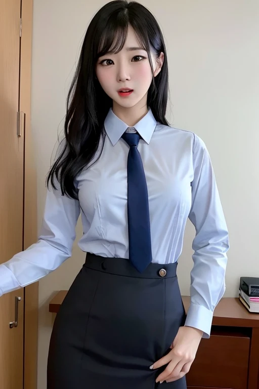Modest breasts, navy blue tie, navy blue skirt, light blue shirt, gravure idol