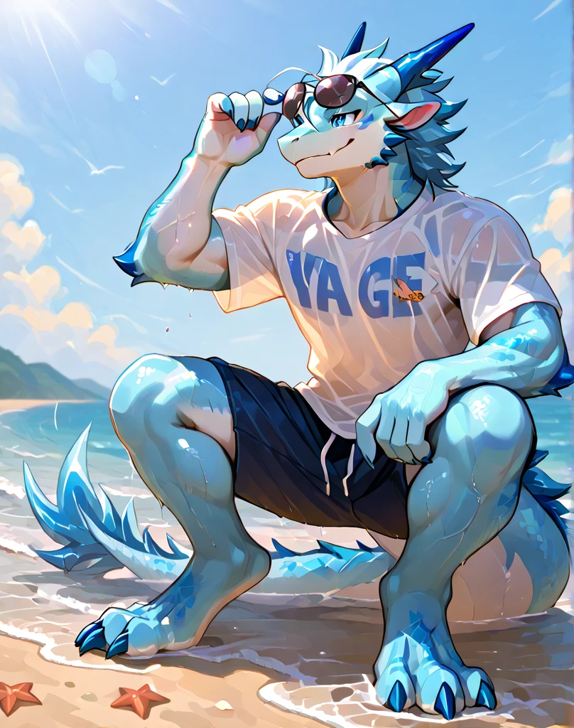 东方White Dragon（Species），White Dragon，Dark green eyes，Bulge in pants，blush，sweat，Slobber，emaciated，Open your legs，Long neck，Milk flowing on face，Covered in milk，Shota，open mouth，Stick out your tongue，Scales，Hypnosis，Heart pupil，Kneel down，Thin legs，sweat，Eat popsicles，White Dragon，Collar