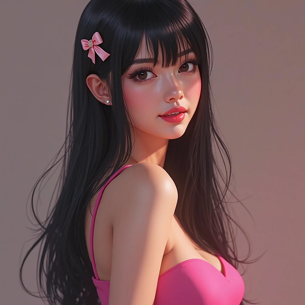 I want a realistic portrait of a pretty woman who is drawing, has black hair and bangs, freckles under her dark eyes, light skin and a slim complexion. She wears pink sports clothes and a pink bow in her straight hair. Has Latin features