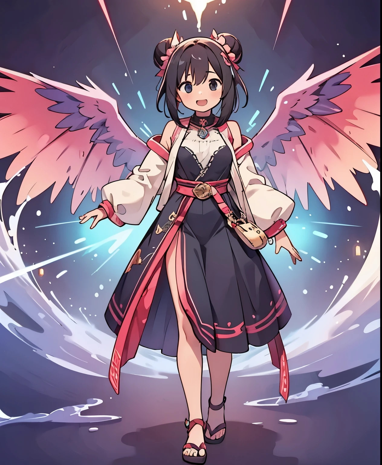 (masterpiece、Top quality、Top quality、Official Art、Beautiful Beautiful:1.2)、beautiful breasts、black bun hair、(masterpiece, Top quality), (Detailed Hair), ultra high definition, anime style, full body, solo, cyberpunk jackal girl standing on digital ground, Attractive Dark Skin, Egyptian decoration , Egyptian Style Outfit. Wears Egyptian Style Sandals. Super huge, Tall and Stylish, [Very Huge. Muscular, full body像, Standing on the digital ground, full body、opens his mouth wide、A huge musical note pops out、musical notes revolve around the girl、Lots of musical notes、red light gushing out of her body、light particles flow towards the sky 、Of a holographic6Wings