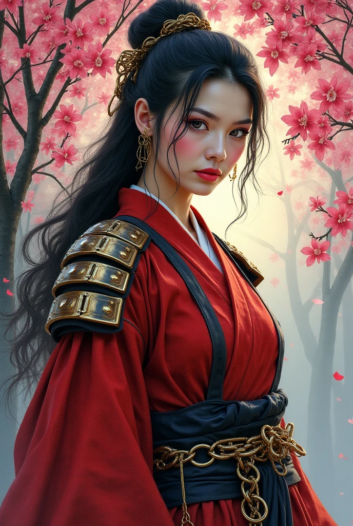 ((8k portrait of beautiful mixed asian woman, side profile, masterpice, side lighting)), long hair, detailed light samurai armor, ((blood red armor, black interior)), cinematic lighting, cherry blossoms, ashes, melancholy, award-winning photography, Popular on Deviant Art, Best of ArtStation, by WLOP, outdoor, oriental lighting sword and spear