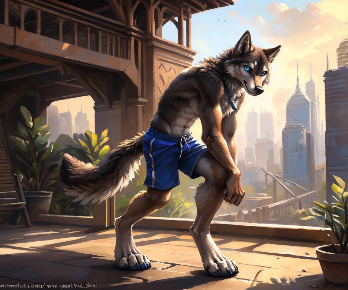 ((Solo)), male people, anthro wolf, (Multi-colored fur, White-brown:1.3，White tail pointed), (Height 2.1m,Tail length 1.2m), ((Wolf face, Big eyes, White eyelids, Blue pupil, Slim:1.2) (Tough, Calm expression:1.2)), Abs, Slim, pinging)), (Correct anatomy), (Work shorts:1.1), The upper body  naked, (detailed outfits),A long big tail，Feet，(Realistic fur, Detailed fur texture, labeled:1.3)), (Natural lighting), Photorealistic, Hyperrealistic, ultradetailed, by Kenket，Modern city，erect through，Running on