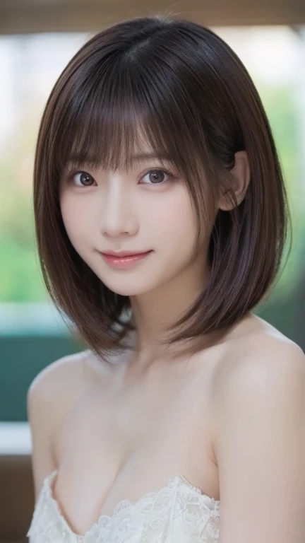 Upper Body、Beauty、Well-formed face、20-year-old、Uniform eyes、Small face、, light brown hair, hair over shoulder, parted bangs, straight hair, expressive hair, shiny hair, earrings, seductive smile, Upper body naked、Small Bust、, Surrealism, cinematic lighting, first-person view, pov, f/1.2, Nikon, UHD, textured skin, best quality, highres, 8k