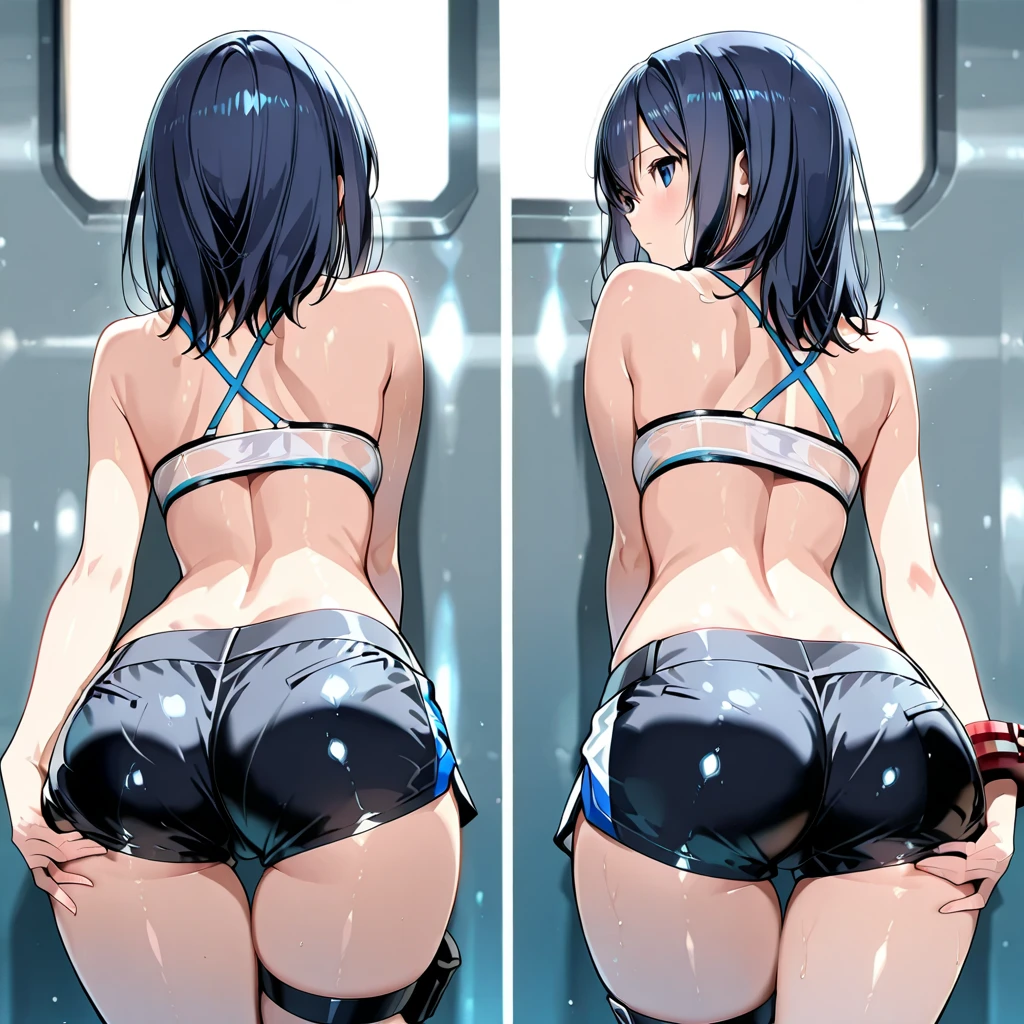 Top quality (8k, high resolution, masterpiece: 1.2), ((Goddess of beauty)), super detailed, anime art style, dynamic angle, photo from behind, teen style, (swimsuit), Perfect ass, detailed white hair, face down ass up detailed blue eyes, intricate hairstyle, long hair , slim body, sparkling eyes, youthful, hair accessories, earrings, tight cloths, detailed lighting, bright colors, looking at the viewer, in the center of the image, cowboy shot, ((FOCUS ON ASS))