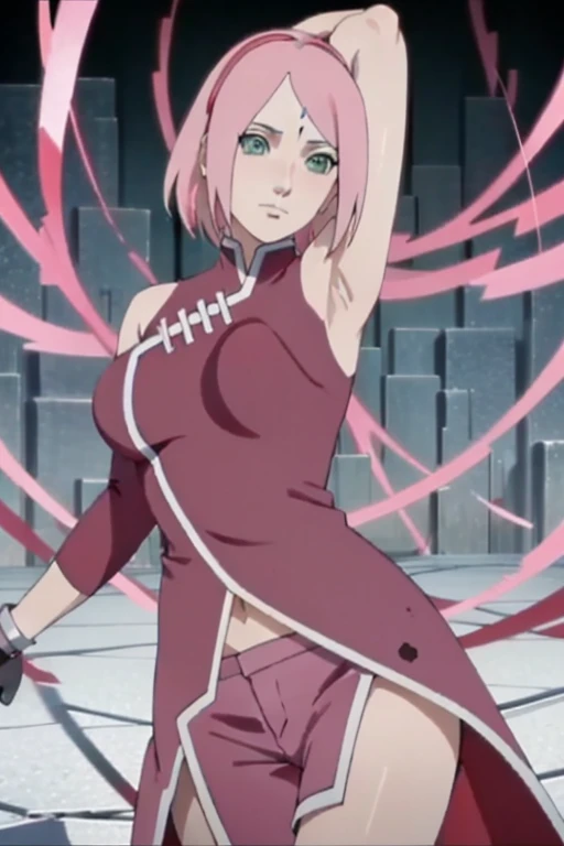 High school girl, pink short hair, bangs cover one eye, sagging eyes, big breasts, thick thighs, black tights (sleeveless, high neck, high leg), leaning forward girl