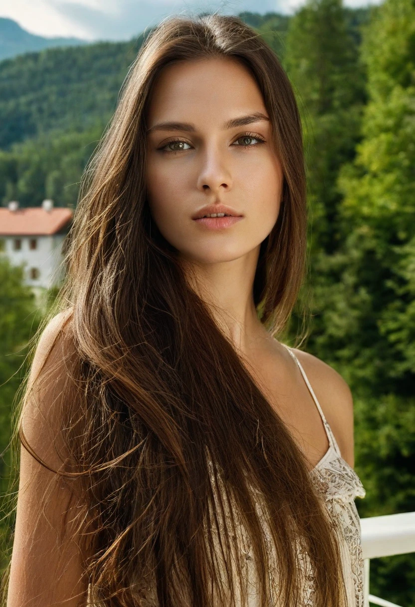 A photorealistic portrait of a 23-year-old Italian woman with brown hair and captivating black eyes, wearing a casual summer dress. The image should feature her long, flowing hair, average body, and a natural, approachable expression. The setting should be outdoors with soft, warm sunlight illuminating her face, showcasing high detail and quality. Full body shot, 8k HDR, lot of details.