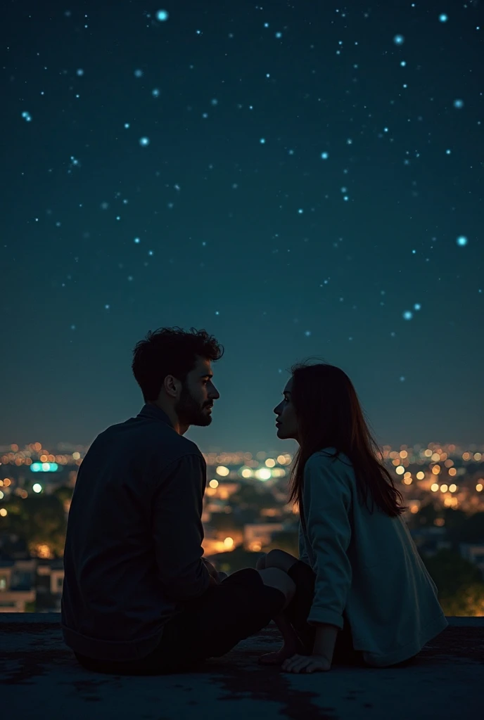 Create an image where you can see two people hugging but it looks far away and at night