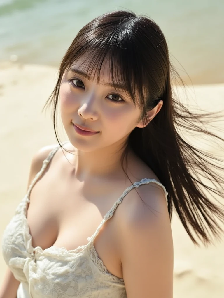 arafed asian woman posing for a picture, beach, beautiful japanese girls face, young cute wan asian face, portrait of a japanese teen, full body, 奈良美智, portrait of mayuri shiina, aoshima chiho, realistic young gravure idol, young gravure idol, young pretty gravure idol, kimi takemura