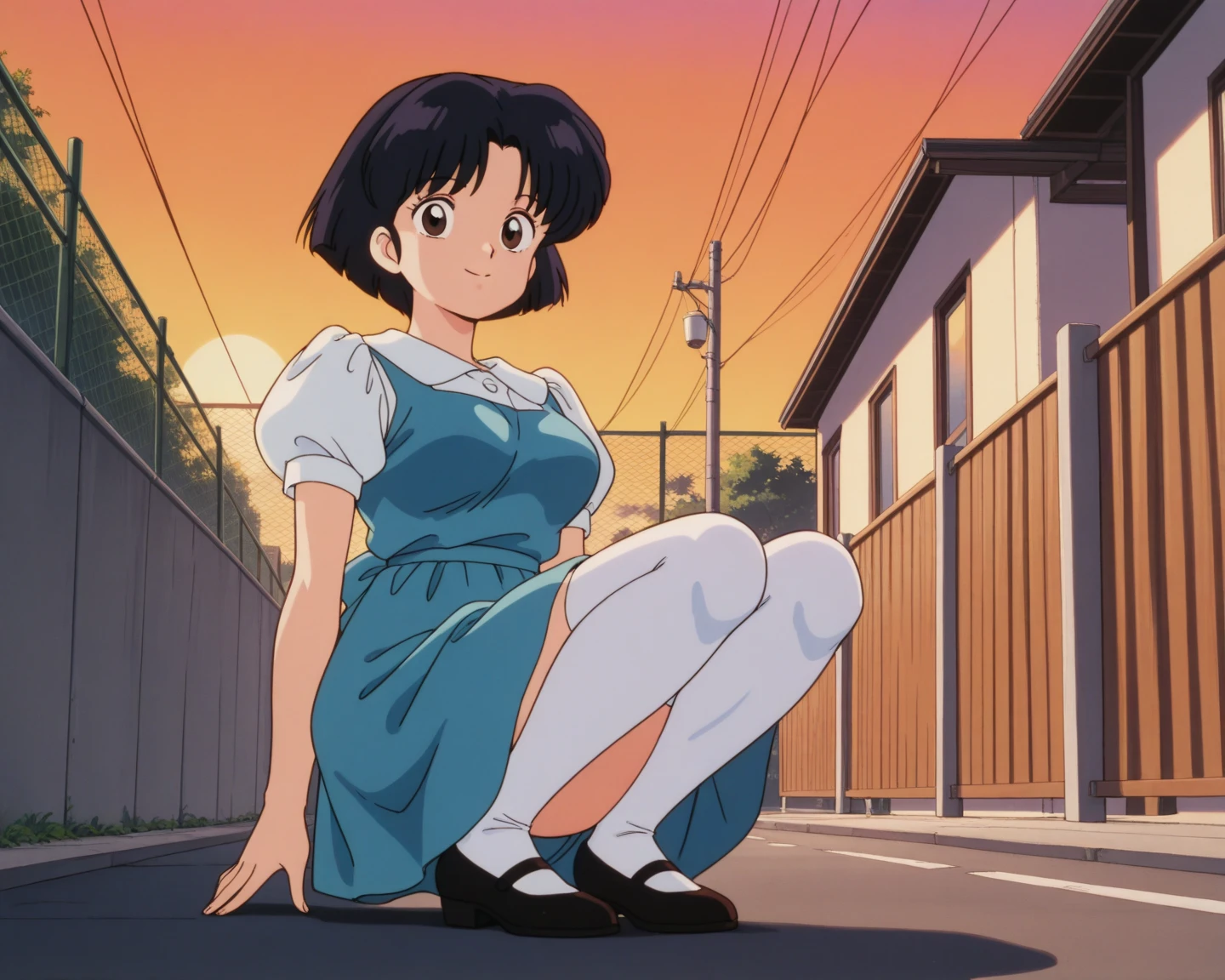 esper_mami, 1girls, masterpiece, highest quality, disorganized, retro artstyle, 1980s \(style\)))), look viewer, (((sailor uniform))), (Madoka Ayukawa), (((scoolgirl uniform))), knee shot, full blush, (((white Panties))),, Take a look here, view audience, short hair, 2girls, nsfw, Genitals are visible, (((See here))), (Japanese girl showing off panties:1.1), look viewer, from below, (((a girl, Flying in the air in a sailor uniform, from the knees up, overlooking the cityscape below,))),