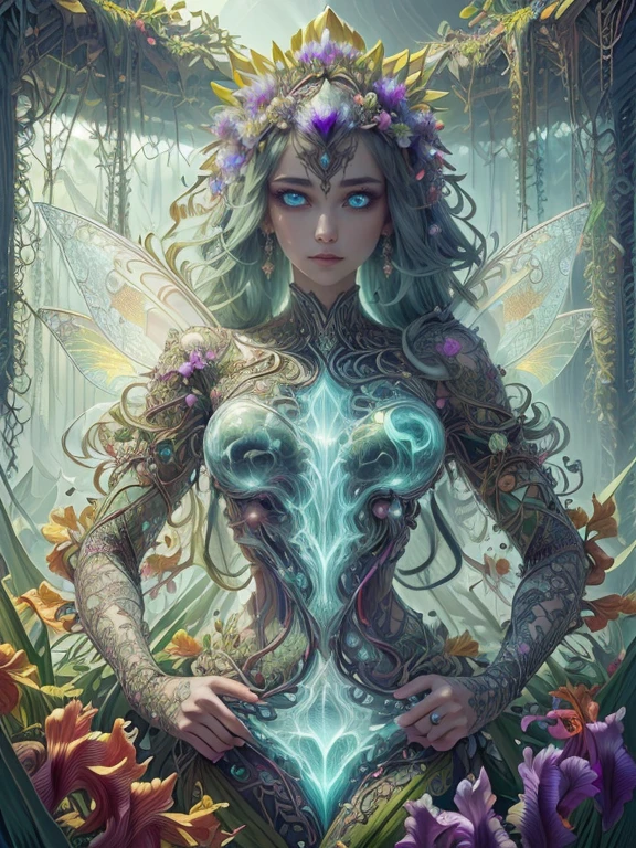 "((Fantasy art)) featuring an alien girl immersed in a celestial symphony, clouds transforming into vibrant splashes, flowers scattered like notes in the wind, a visual orchestration of color and wonder"