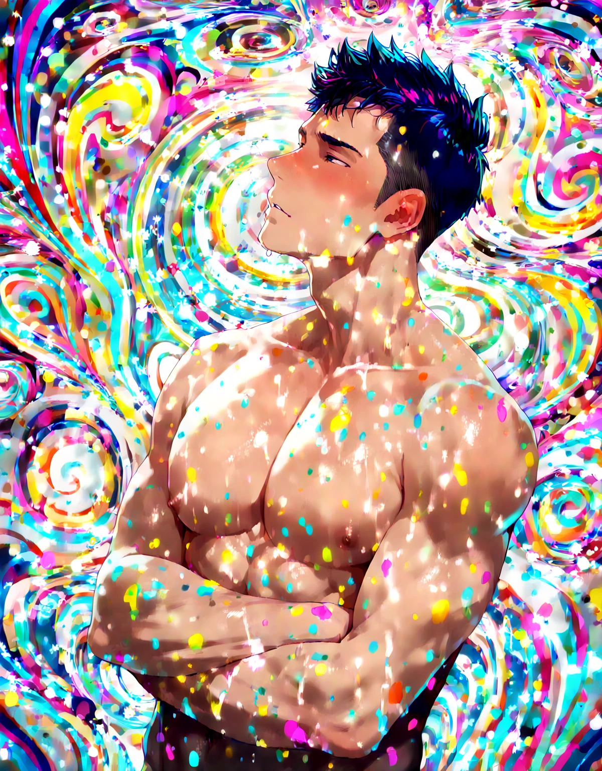 1boy, in the style of (anime, norman rockwell:0.5), sad, eyes downcast, holding self, covered in rainbow paints and powder, rainbow smoke surround the entire scene