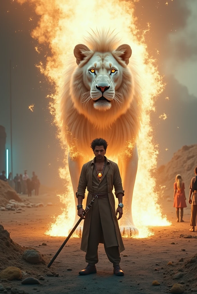 Jr ntr with six pack standin in the middle of lions at night and in middle of the city