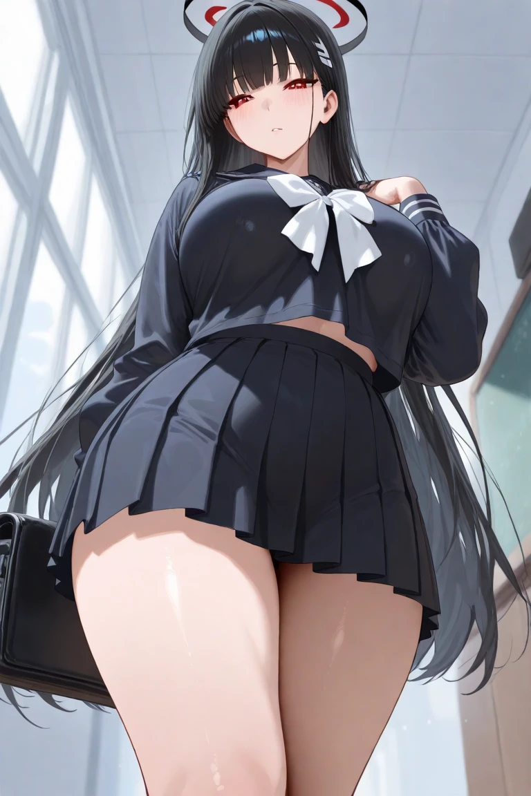 1 mature girl, beautiful face, blue eyes, red cheeks, smile, long straight hair, black hair, long bangs, seky body, colossal tits, overmany, big and droopy, big titietra, wide hips, School uniforms, mini skirt, tight shirt