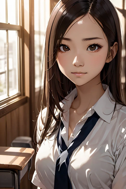(Highly detailed CG Unity 8k wallpaper)、(masterpiece)、(Highest quality)、(Super detailed)、(Best illustrations)、(Best Shadow)、Ultra-high resolution、(Real、Photorealistic:1.2)、(Beautiful student teacher:1.4)、Dark brown long hair、(Large Breasts:1.2)、(School classroom:1.4)、(A neat and tidy suit:1.2)、(Cute Necklace:1.2)、Puffy eyes、(Stand at the podium with the blackboard behind you:1.2)、(Close-up)、High contrast light、Upper Body