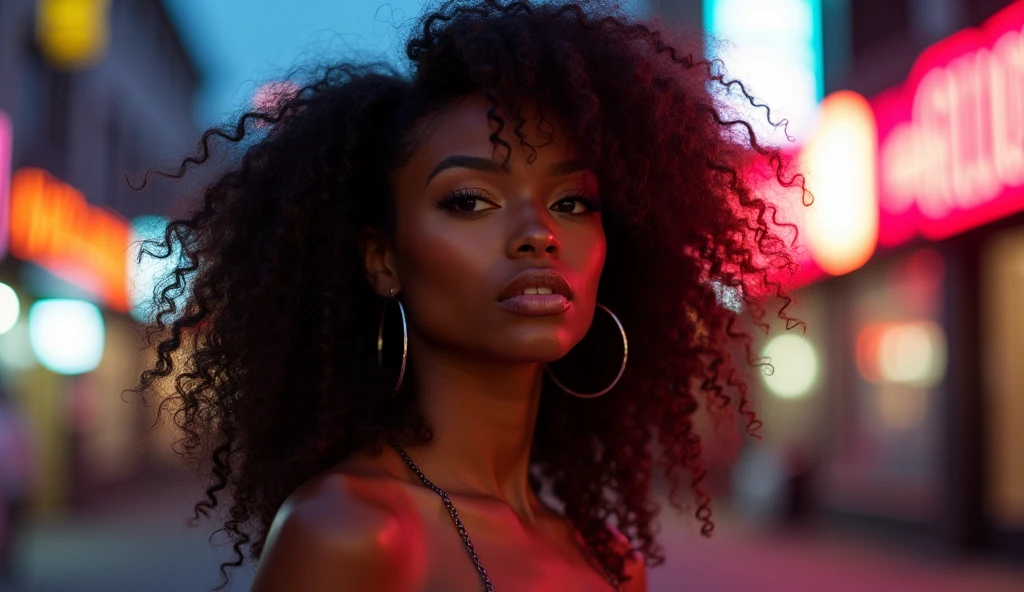 Beautiful 19 year old black woman with very very black skin, blue eyes, Red lipstick, curly hair, wearing a metallic blue dress