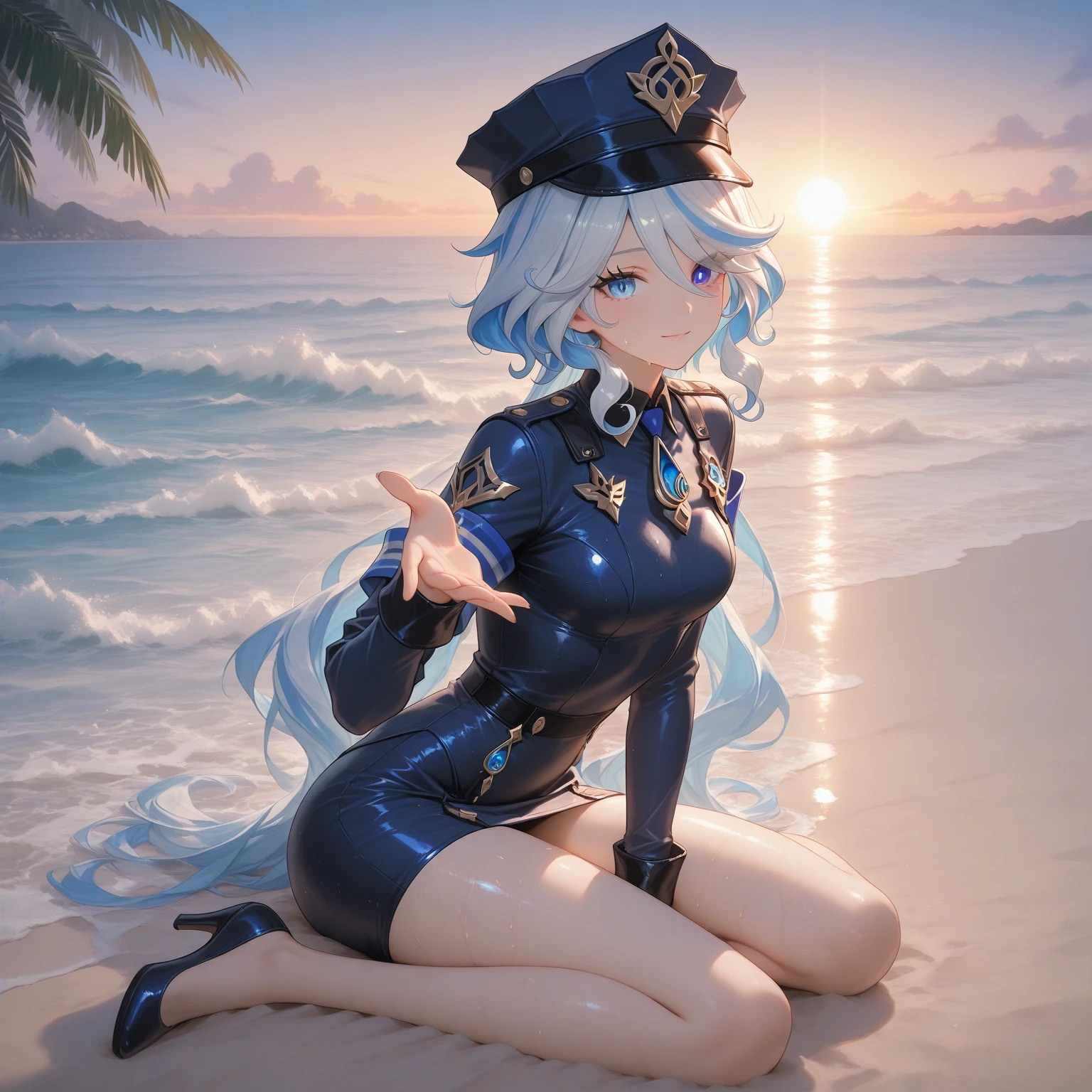 Kamisato Ayaka,Cool attire,Slim and healthy body shape,huge tit,Ocean park,The curve is obvious,Gym girl,Fleshy thighs,Comic cover style,Comic title,adolable,Ocean park