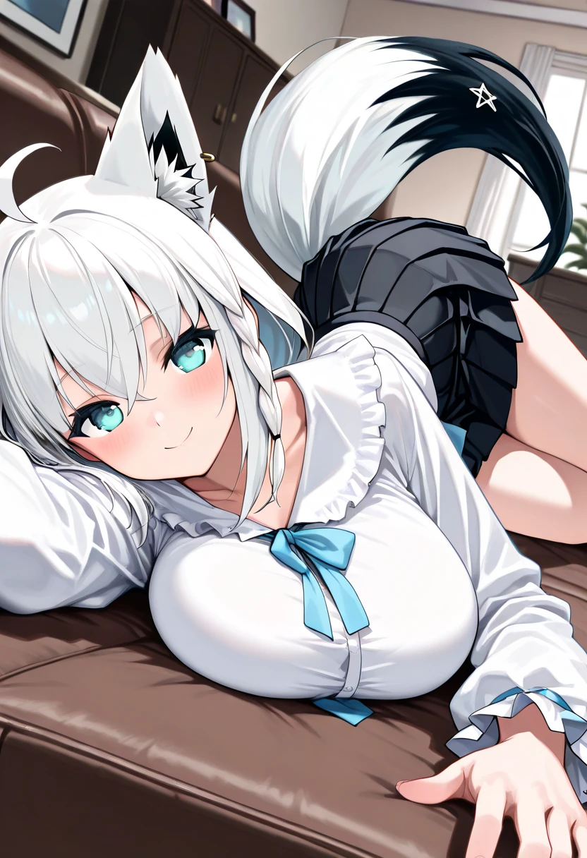 NSFW,masterpiece,Highest quality,High resolution,Super detailed,Snowstorm、Gray Hair、One-sided braid、Ahoge、Earrings、Fox Tail、fubuki_base、White blouse、Sleeveless、Black shorts、Blue neckerchief、Thigh straps、Single knee socks、White Hair、One side braided、Ahoge、Earrings、Fox's Tail,Embarrassed,Estrus,Lust,blush,Girl's Room,bed