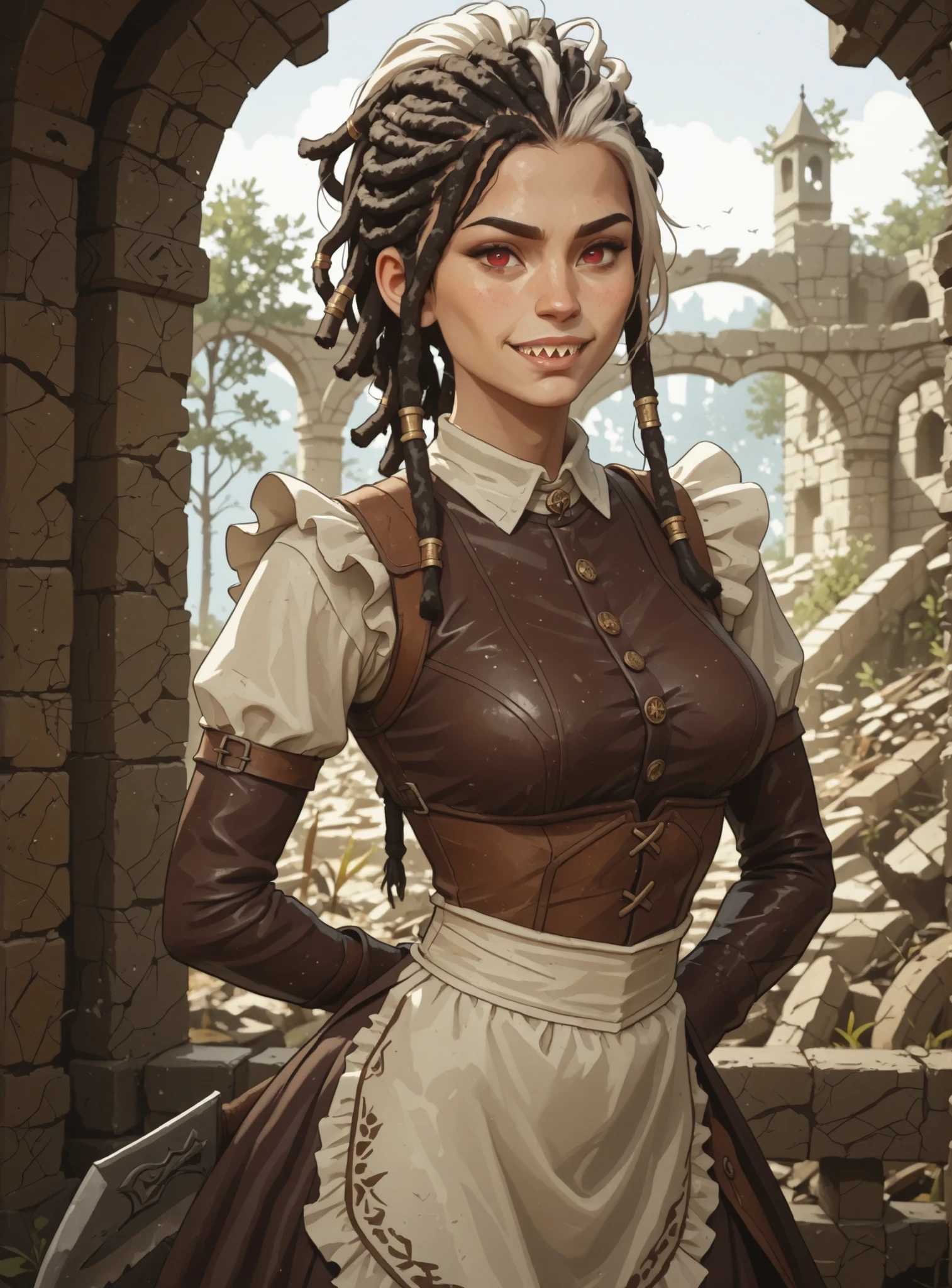 Slender body. White skin. Cute 18-year-old Asian girl with Asian red eyes and sharp teeth and dreadlocks with white highlights. She has a cute and beautiful face. She has a round and young face with a pointy chin. Her body is athletic with abs. She wears medieval an intricate medieval latex clothing with buttons. Background: medieval jungle ruins. Realistic lighting. DnD art-style. Looking at the viewer. She's got a massive butcher's blade on her back.