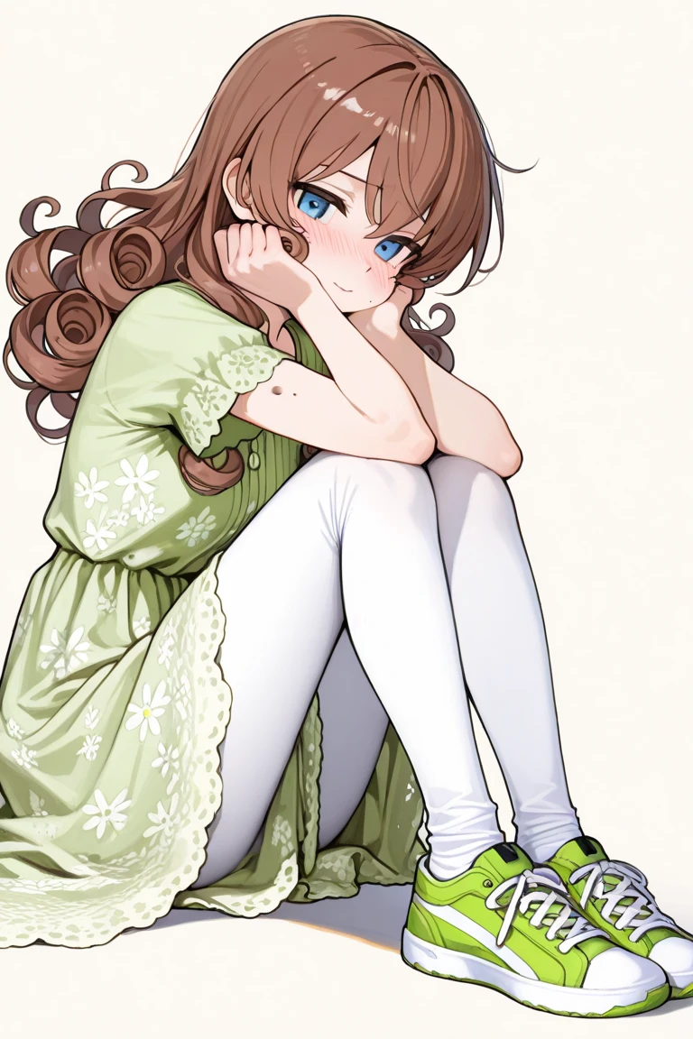 Pretty woman,Beautiful green eyes, curly hair, dark skin, big breasts, short skirt, move your center of gravity back, Put your hands forward from both feet, Put both feet in the circle of your hands, very embarrassed, Beautiful Legs, knees at 90 degrees, heels on the floor on, My hands are in front of my feet, Hugging my legs, kneels, raw photos, 8k, Top Quality, Super High Resolution, detailed beautiful faces , Gentle expressions, frontal view, Bottom corner, cute, Squatting in the room