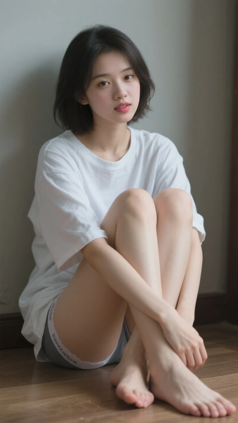 8k original photo, best quality, masterpiece, ultra high resolution, film grain, 1 girl, Look at the audience head-on, natural skin texture, Realistic eyes and facial details, full lips, lipstick, (cosmetic), fluffy short hair, messy hair, Smile, shut up, beautiful leg, tall girl, Height 168 cm, Slim_leg, alone, huge breasts, Position your hips toward you, Show a little cleavage ,White adidas shoes, vague background, vague, Keep, Plaid, short sleeves,brown hair, bracelet, Bangs, , jewelry, parted lips, lips, from the side, depth of field,full-body shot,sportswear