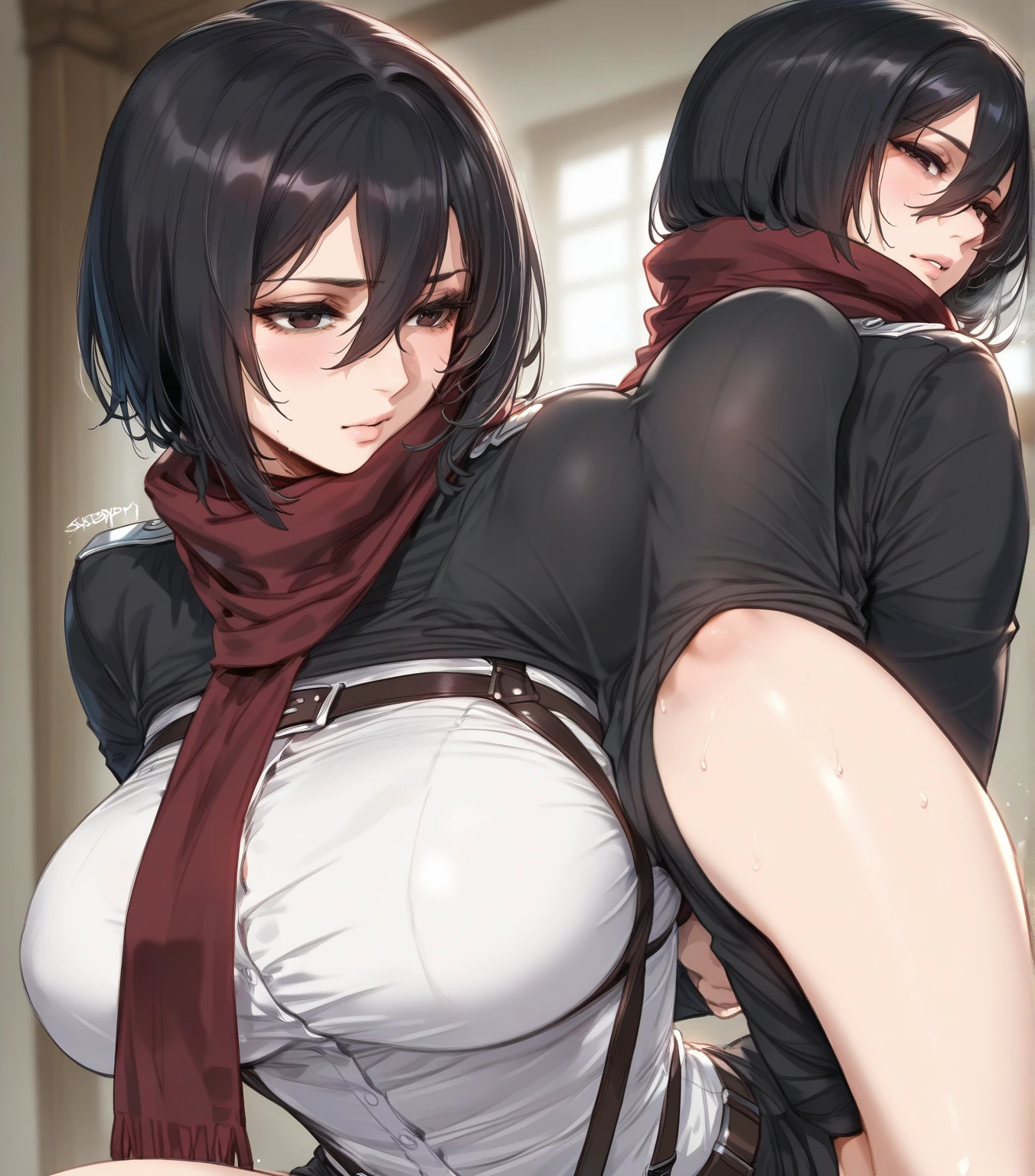 1girl, solo, short hair, bangs, shirt, black hair, hair between eyes, brown eyes, closed mouth, upper body, , scarf, lips, wind, red scarf, , nose, , mikasa ackerman, room, upper body, navel, abs,, breasts, hand on stomach, hands on own stomach, bouncing breasts, nipples, looking down, blush, side, on side, grey eyes, nude, armpits, sweaty armpits