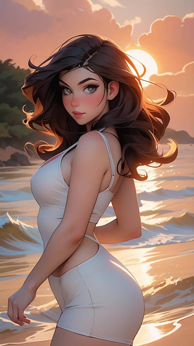 (masterpiece), (best quality), (best details), (paper with frayed edges),(Illustration main color: White), (secondary color: Cinnamon), very beautiful female student，Sexy pose, very detailed face, Western futuristic landscape, evening(Sunset afterglow), shadow (detailed, Strong contrast),Japanese girl wearing sexy bikini，The camera is directly on the hips；Showing buttocks close-up