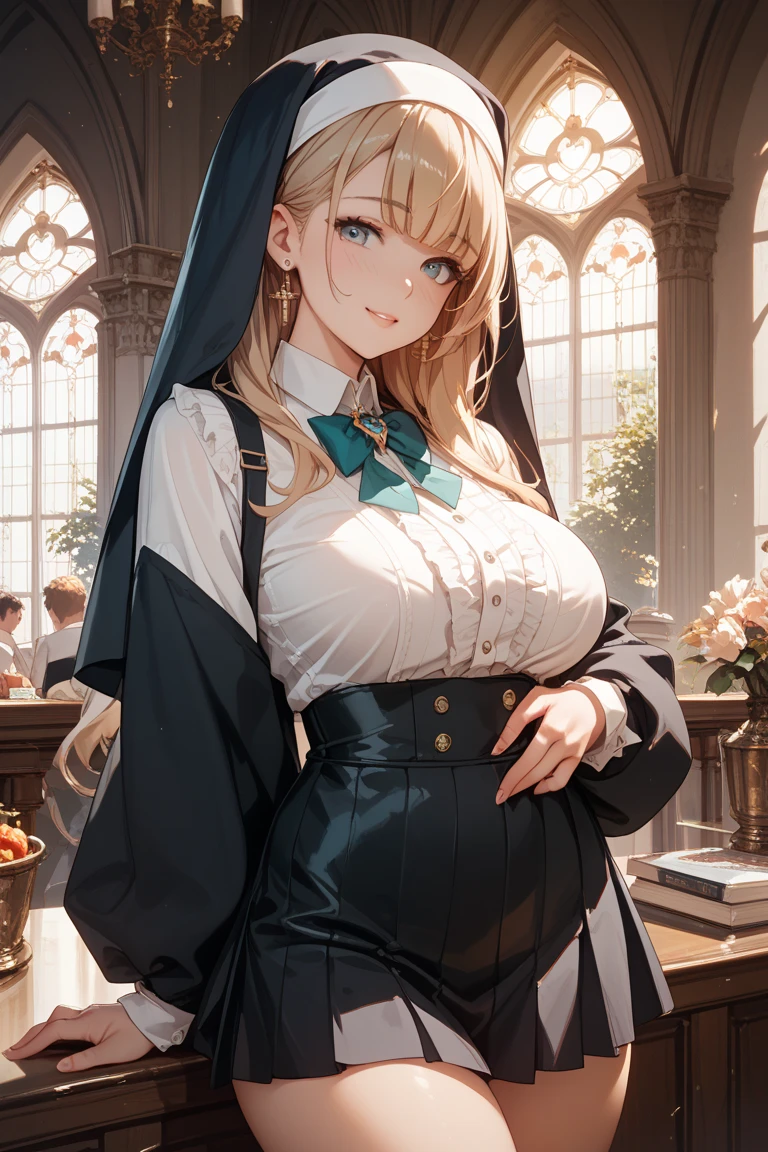 breasts resting on table, facing camera, wet shirt, see through top, ill fitting clothes, button pop, tearing clothes, Breasts larger than torso, gigantic breasts, insanely inflated breasts, Beautiful young princess nun sitting at table, white nun habit, tight black nun robes with buttons, button gap, robin wright, right and vibrant colors in background, detailed face, very detailed skin, thick and chubby body, (oppai: 1.9) breast size, chest up shot, long black burlap nun dress, billowing dress, an 18 year old nun being tempted by the devil, Bright and vibrant colors, concerned facial expression, messy bright blonde hair, (realistic:1.5), skin indent. octane render, (unparalleled masterpiece, ultra-realistic 8k CG, dramatic, ray tracing, HDR:1.2), (Best Quality), fantasy, atmospheric, extremely detailed, intricate, hyper-detailed, harsh lighting, (specular lighting:1.4), (photorealistic face:1.2), (skindentation:1.3), (1girl:1.4), ()