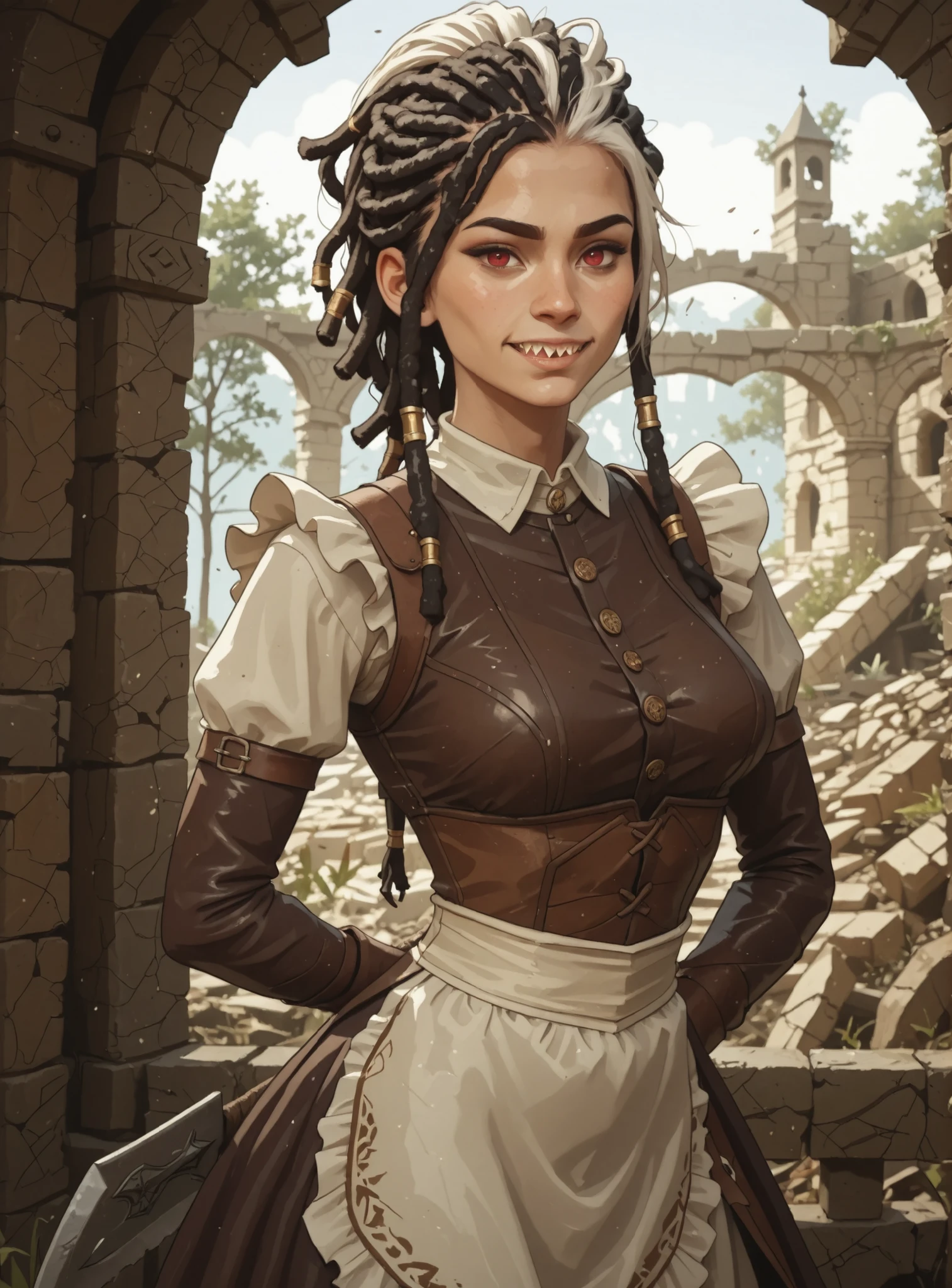Slender body. White skin. Cute 18-year-old Asian girl with Asian red eyes and sharp teeth and dreadlocks with white highlights. She has a cute and beautiful face. She has a round and young face with a pointy chin. Her body is athletic with abs. She wears medieval an intricate medieval latex clothing with buttons. Background: medieval jungle ruins. Realistic lighting. DnD art-style. Looking at the viewer. She's got a massive butcher's blade on her back.